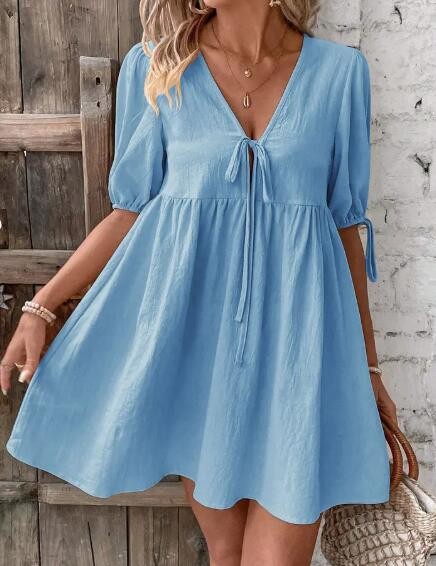Miss Sparkling |V-Neck Tie-Detail Puff Sleeve Mini Dress