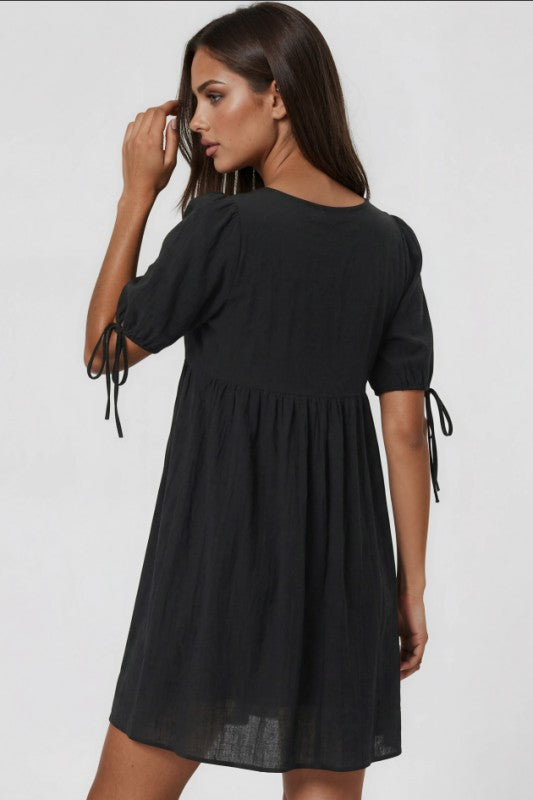 Miss Sparkling |V-Neck Tie-Detail Puff Sleeve Mini Dress