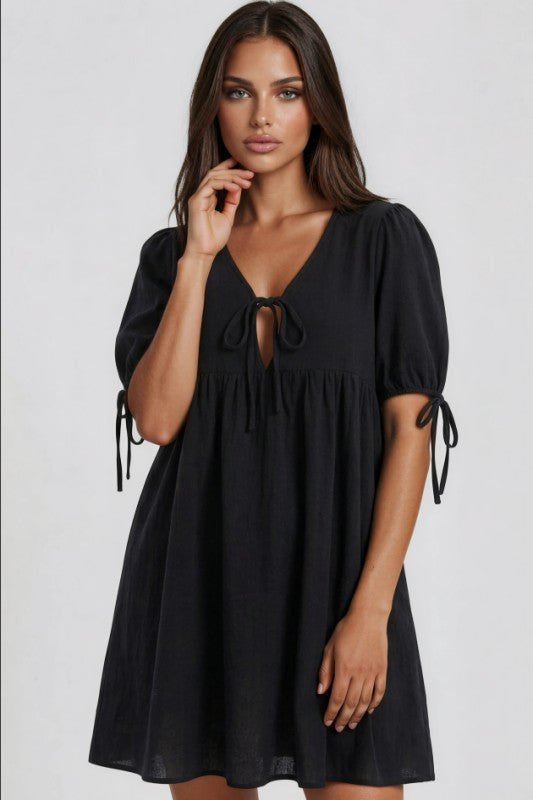 Miss Sparkling |V-Neck Tie-Detail Puff Sleeve Mini Dress