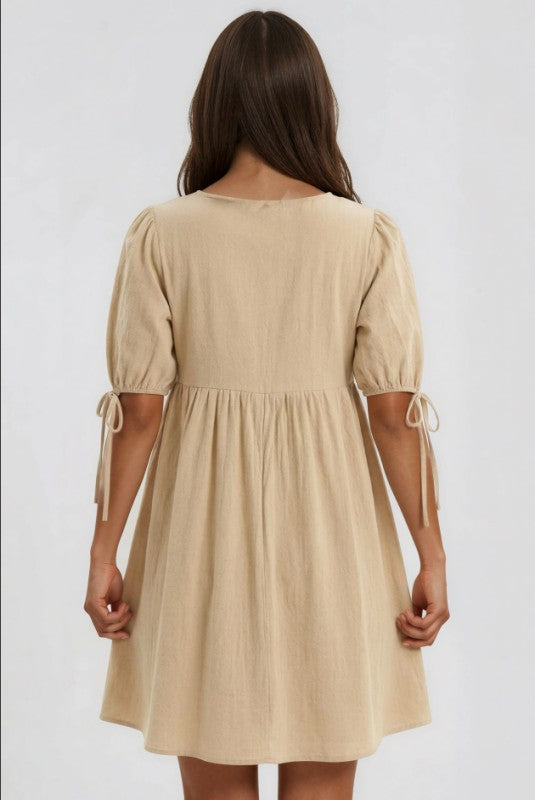 Miss Sparkling |V-Neck Tie-Detail Puff Sleeve Mini Dress