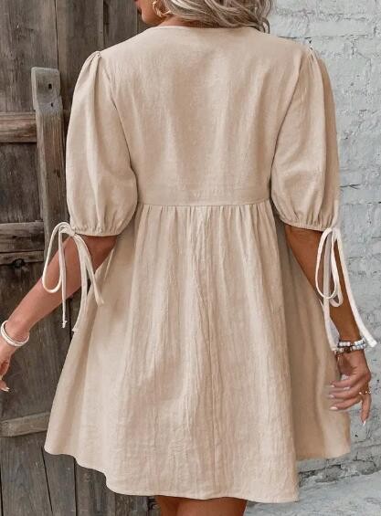 Miss Sparkling |V-Neck Tie-Detail Puff Sleeve Mini Dress