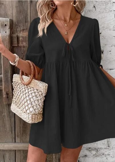 Miss Sparkling |V-Neck Tie-Detail Puff Sleeve Mini Dress