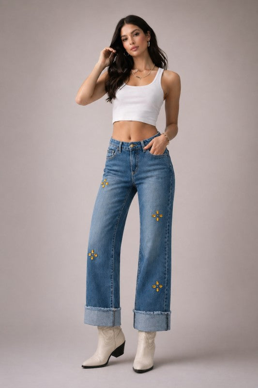 GJG Denim |Low Rise Gem Studded Jean