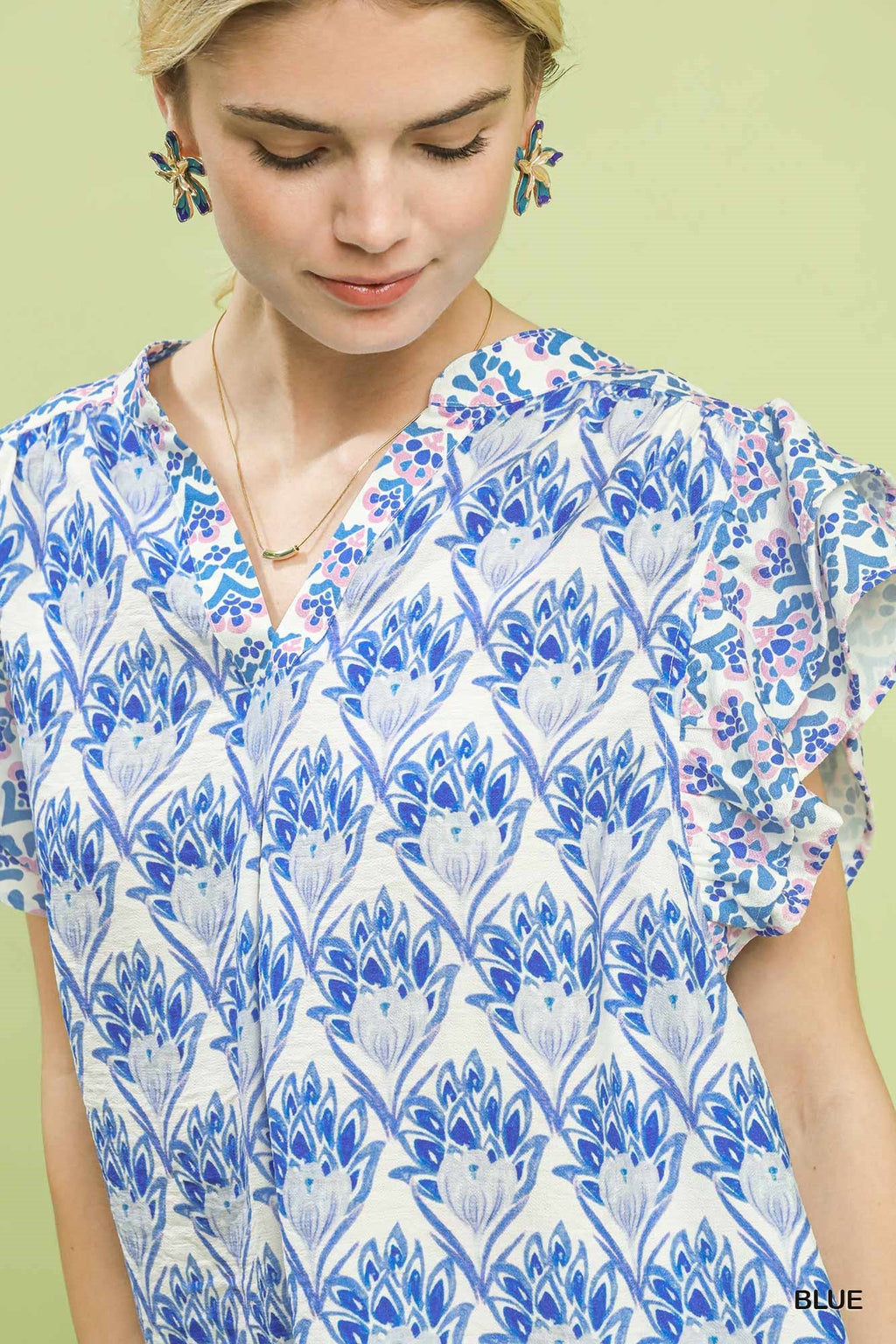 Umgee Double Frill Sleeve Floral Blouse in Blue