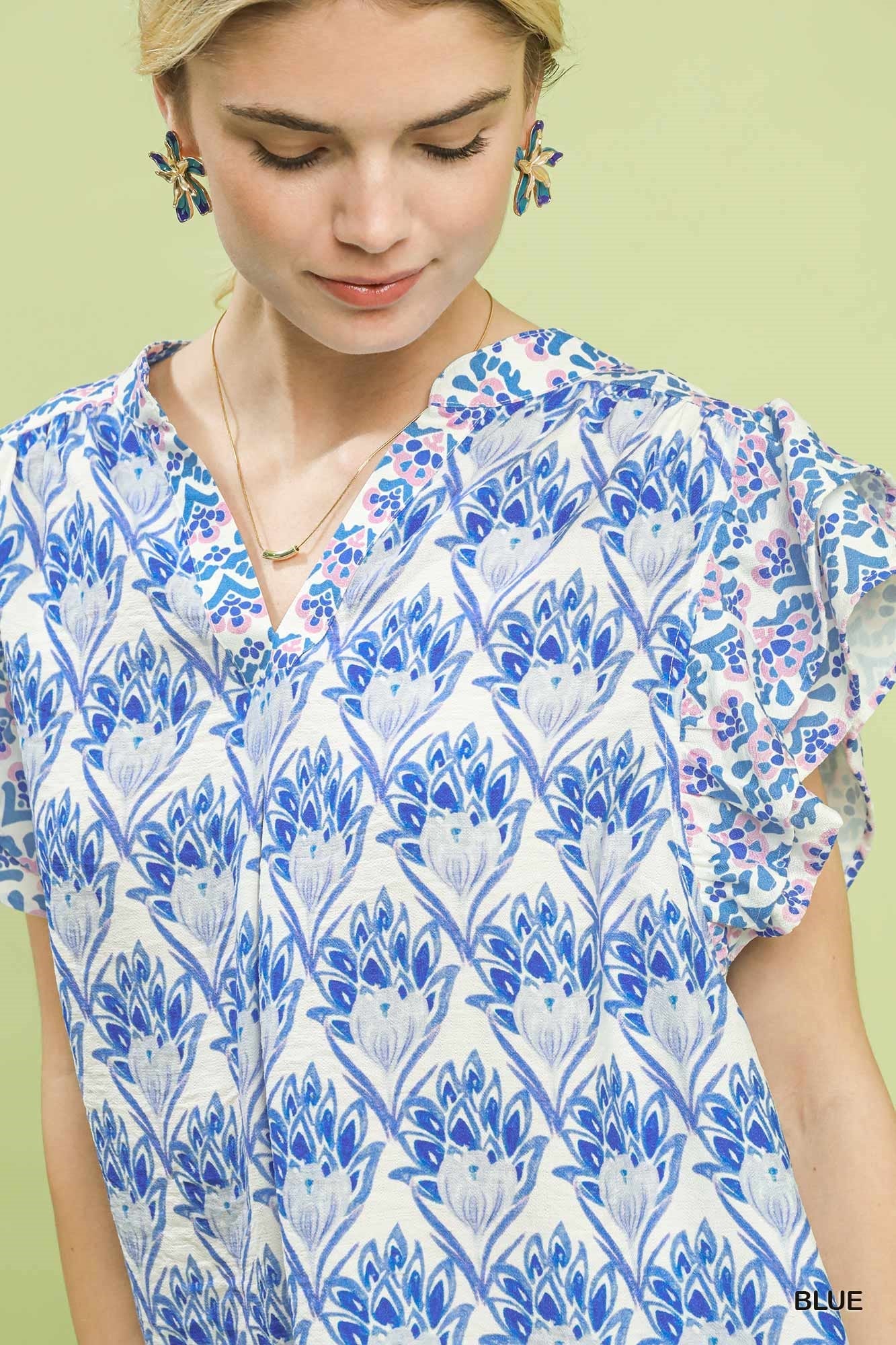 Umgee Double Frill Sleeve Floral Blouse in Blue