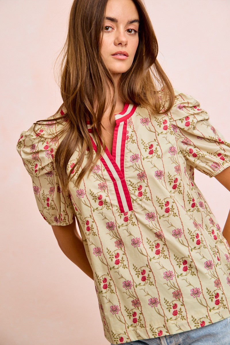 BiBi Floral Gather Sleeves Contrast Neckband Blouse Top