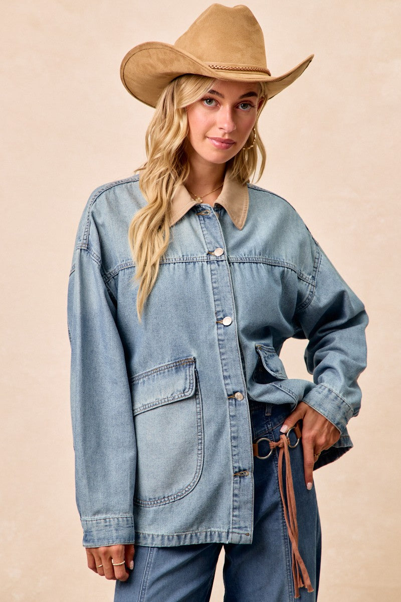 BiBi Washed Denim Contrast Collar Jacket
