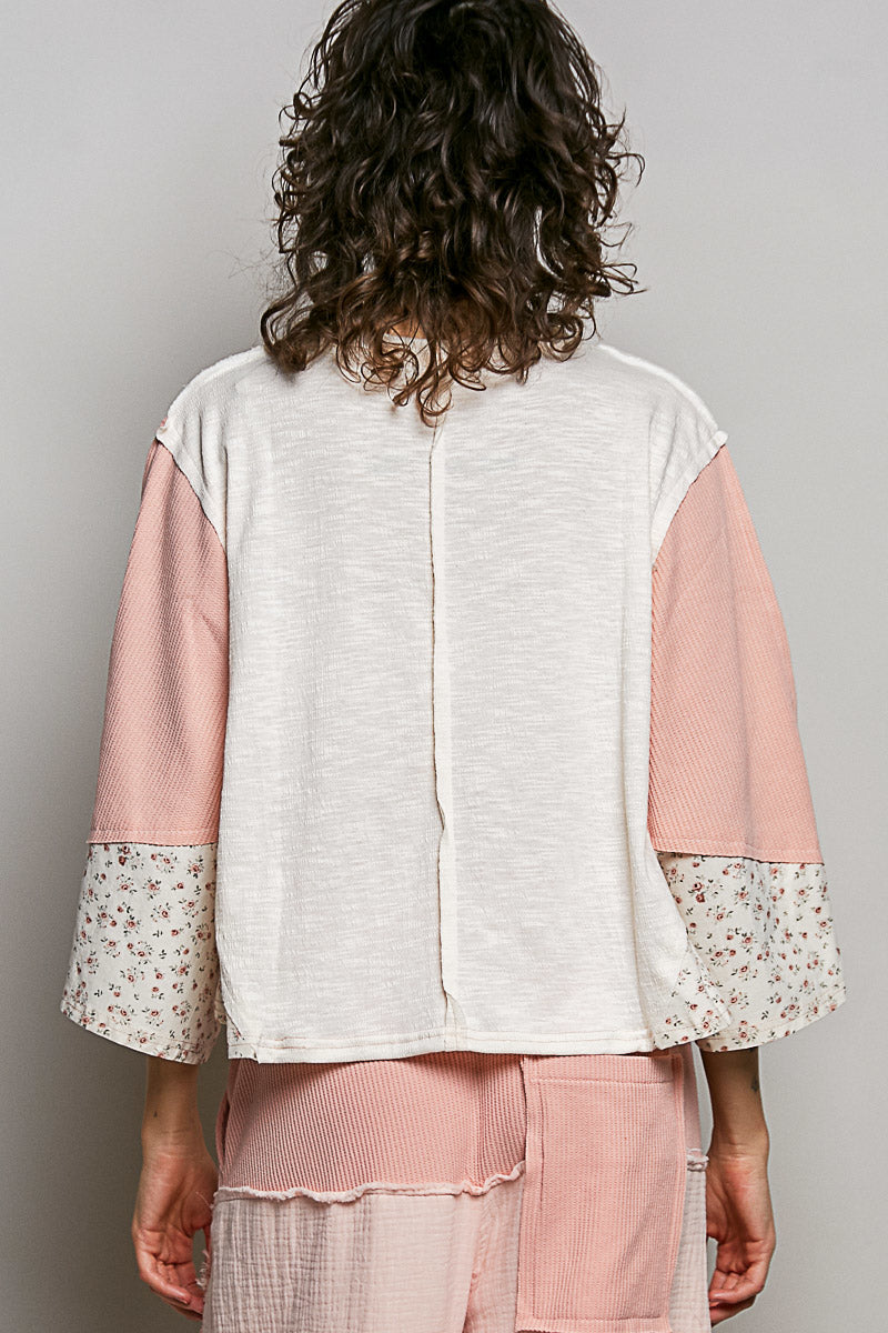 POL Exposed Seam Floral Patchwork Round Neck Textured Slub Knit Top in Natural