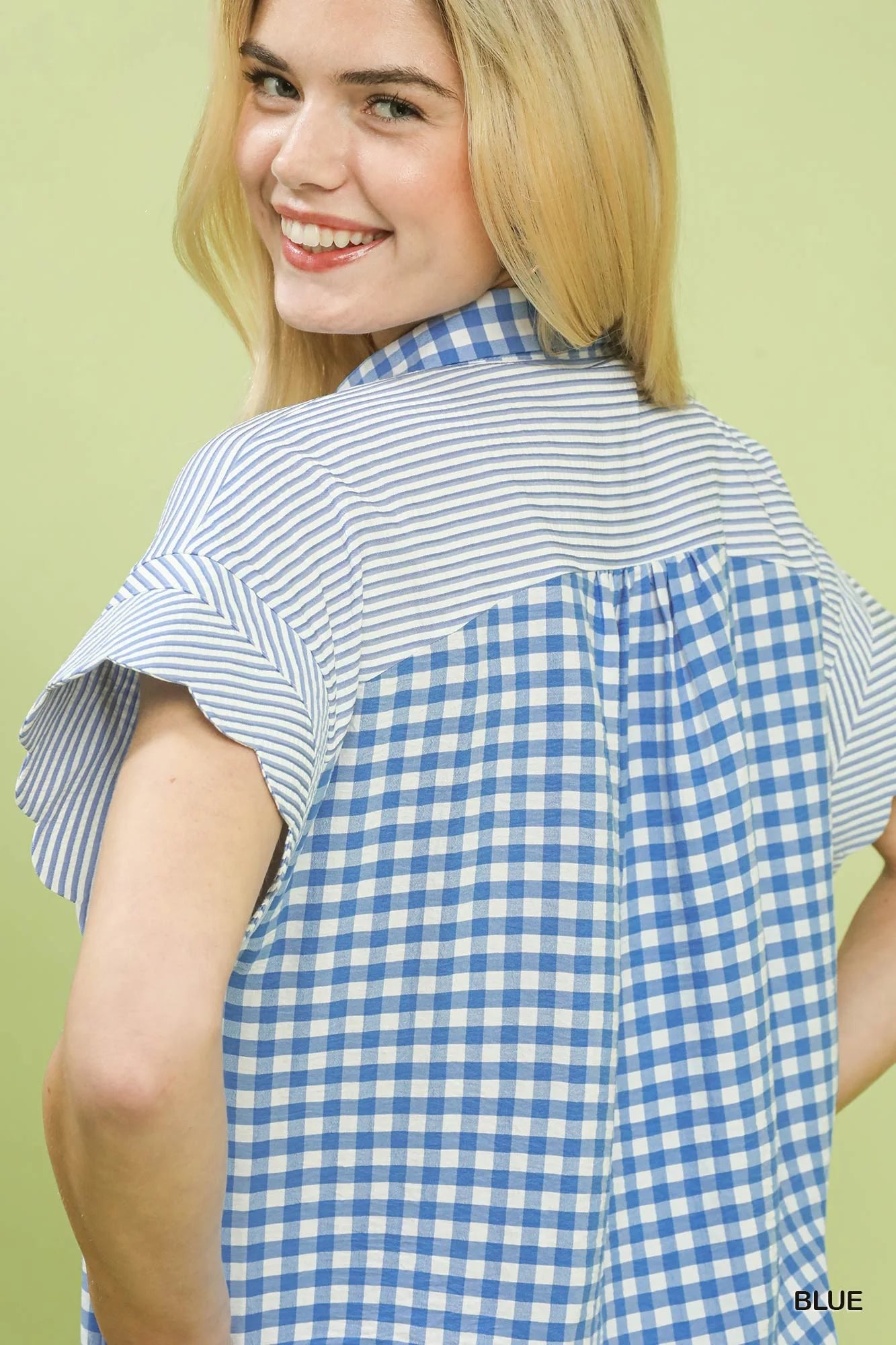 Umgee Mixed Gingham Short Sleeve Shirt in Blue