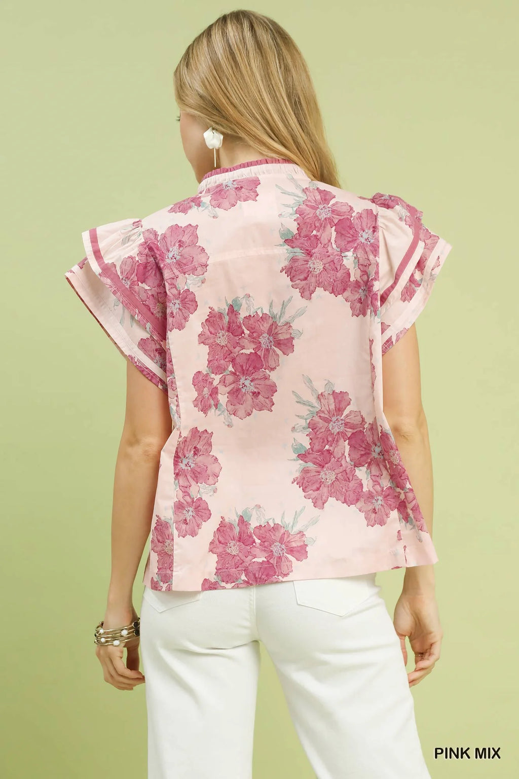 Umgee Mix Floral Ruffle Sleeve Blouse in Pink