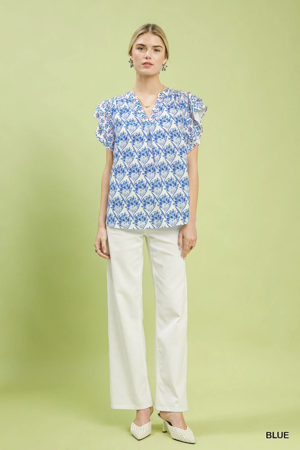 Umgee Double Frill Sleeve Floral Blouse in Blue