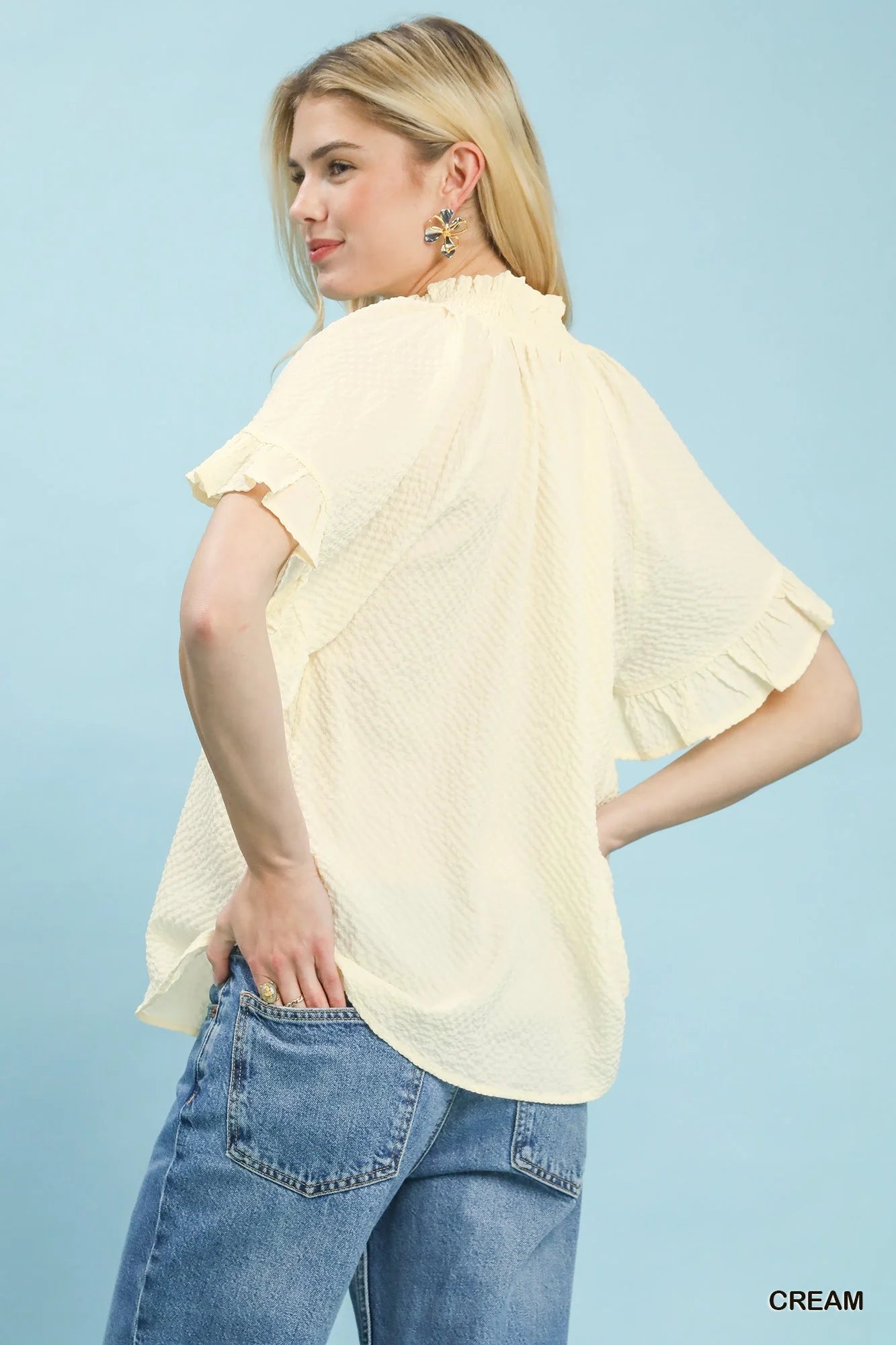 Umgee Textured Ruffle Sleeve Blouse in Cream