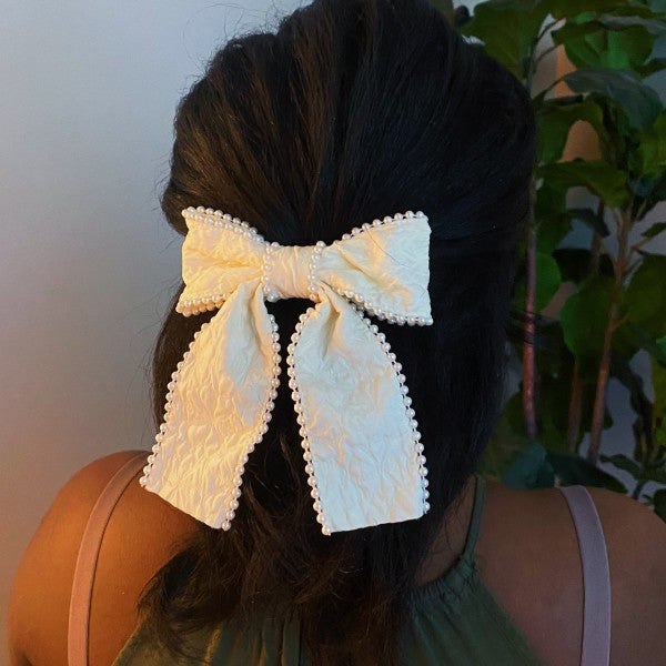 Palace Pearl Embellished Bow Barrette – Elegant Textured Hair Clip