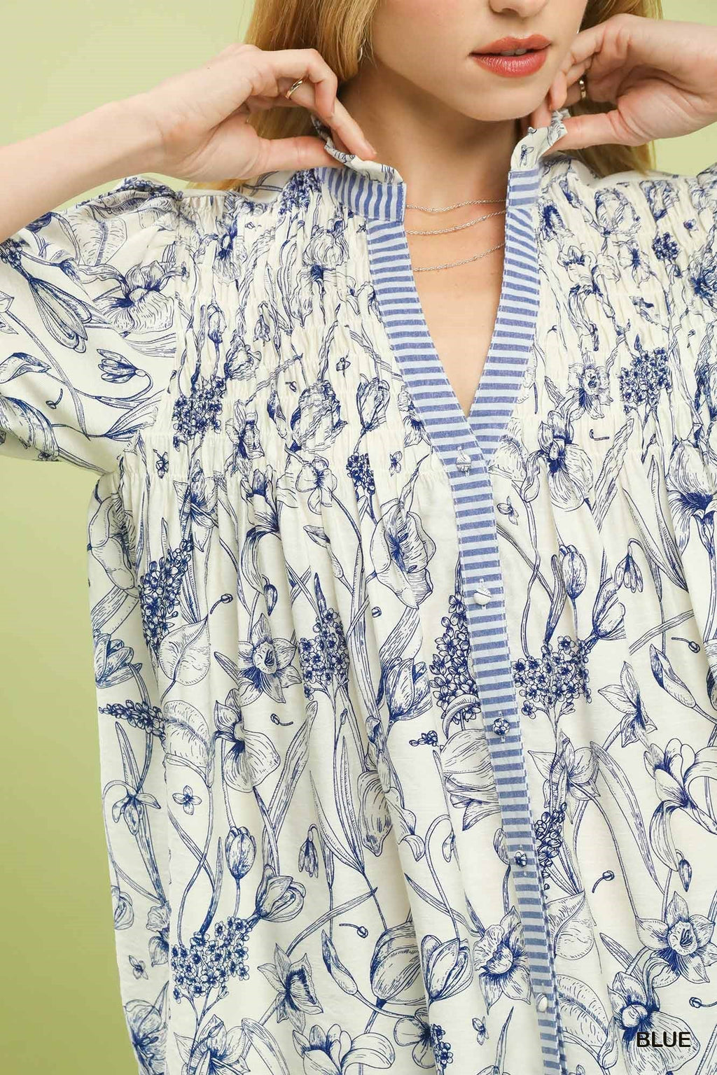 Umgee Mixed Print Button Front Top in Blue