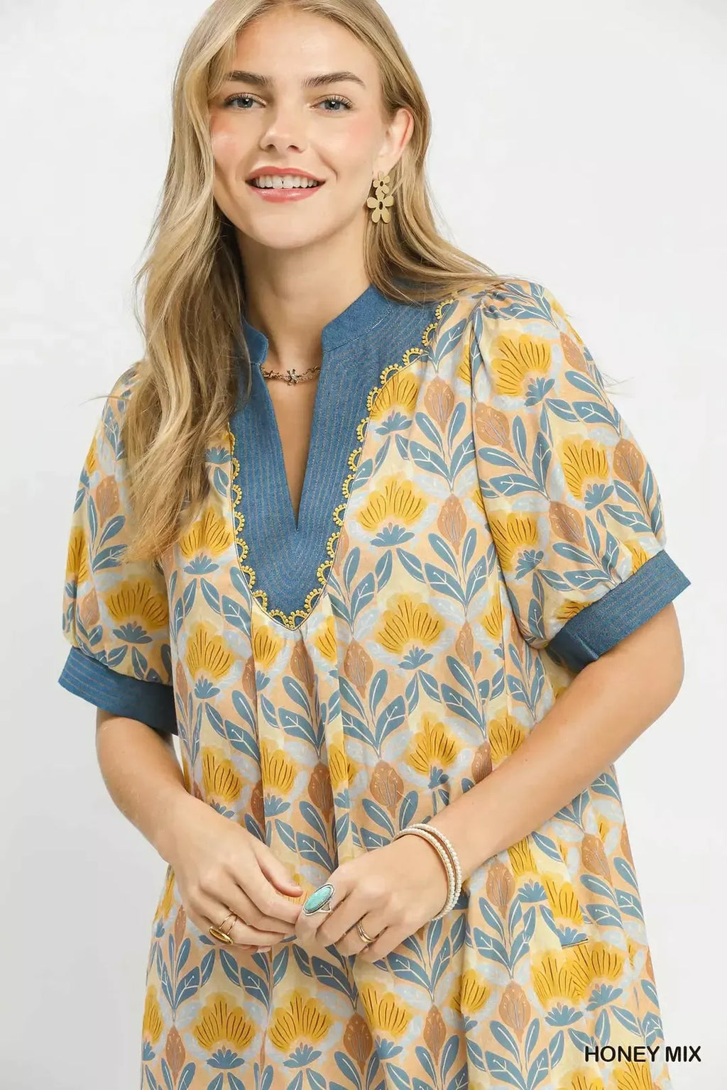 Umgee Mix Tile Print Mini Dress in Honey Mix