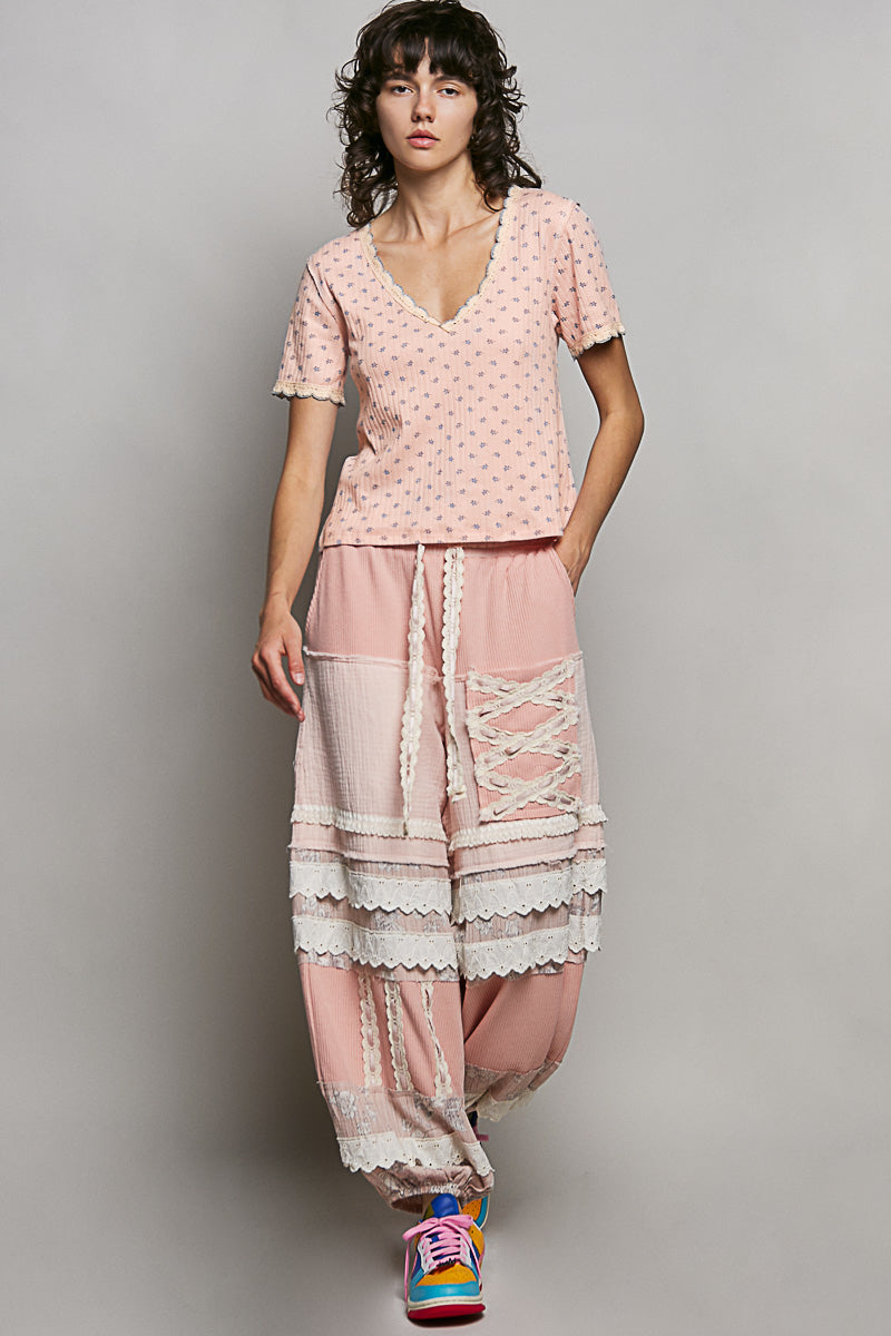 POL Floral V-Neck Short Sleeve Rib T-Shirt in Pink