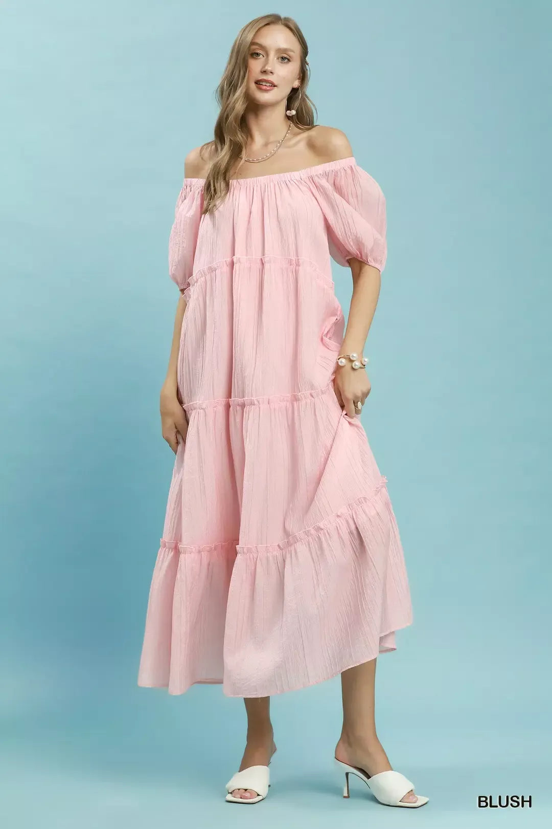Umgee Textured Tiered Midi Dress in Blush
