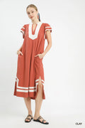Umgee Linen Cotton Contrast Neckline Midi Dress in Clay