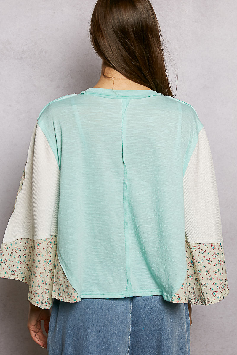 POL Exposed Seam Floral Patchwork Round Neck Textured Slub Knit Top in Aqua