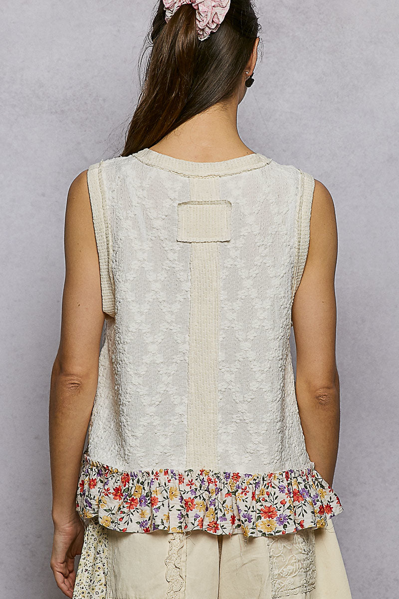POL Floral Print V-Neck Textured Tank in Cream