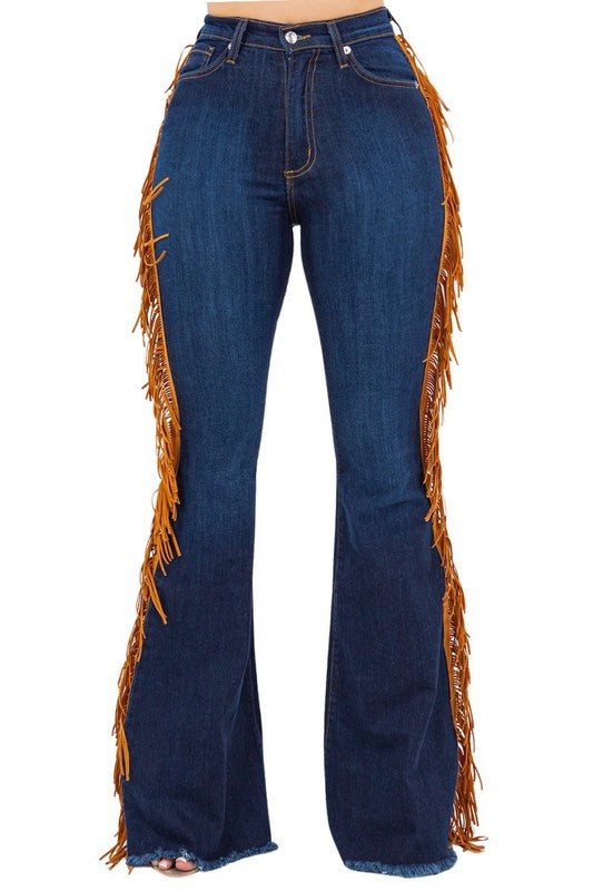 GJG Denim Fringe Bell Bottom in Dark Wash- 30 Inseam
