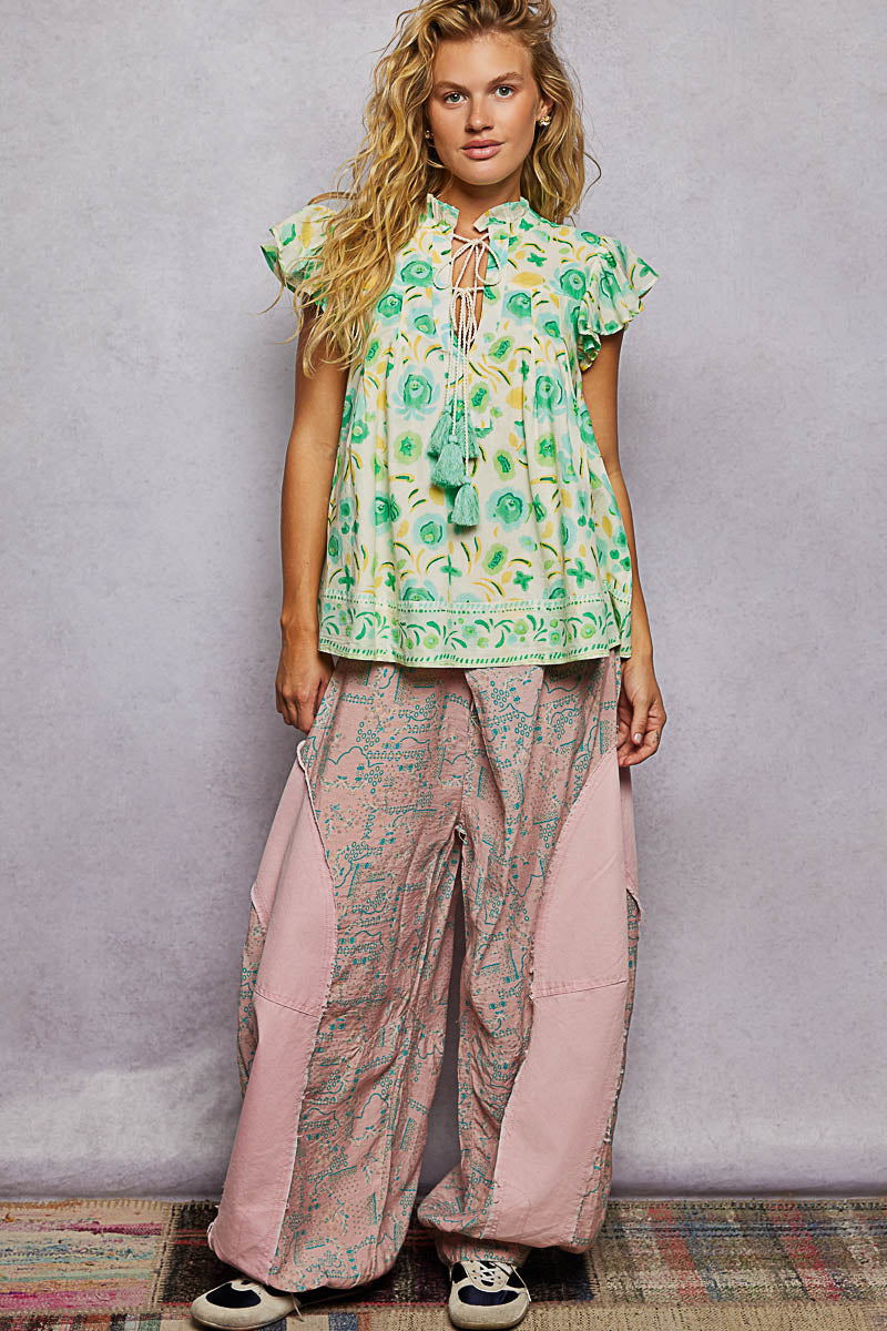 POL Tassel Tied Floral Flutter Sleeve Blouse in Mint