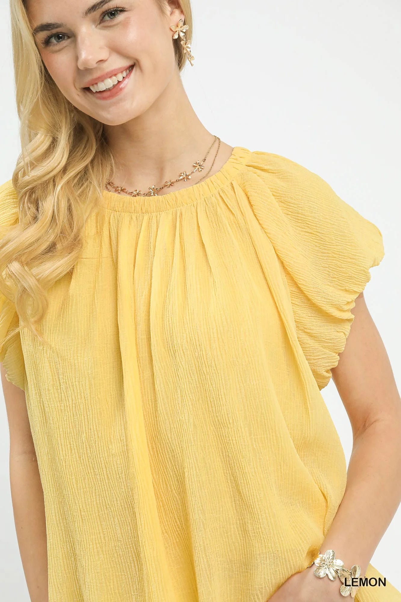 Umgee Crinkle Flutter Sleeve Peasant Top in Lemon