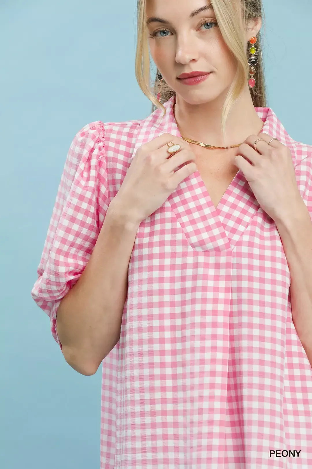 Umgee Gingham Puff Sleeve Collared Blouse in Pink