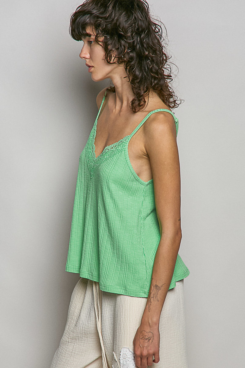 POL Lace Detail V-Neck Textured Knit Cami in Green