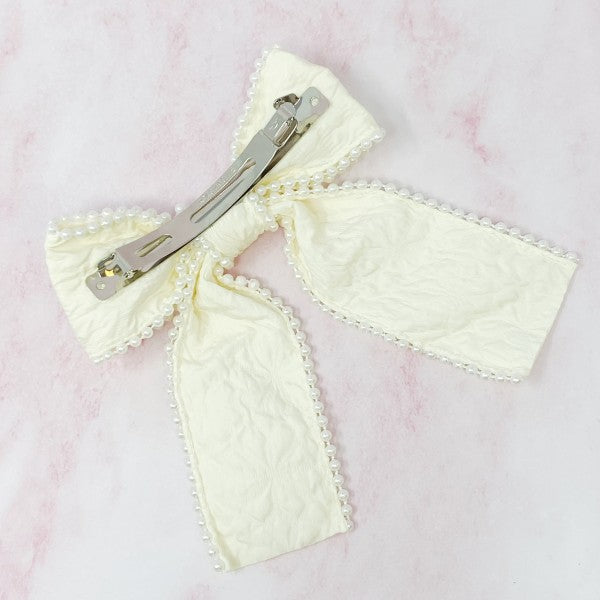 Palace Pearl Embellished Bow Barrette – Elegant Textured Hair Clip