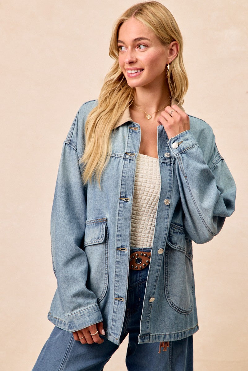 BiBi Washed Denim Contrast Collar Jacket