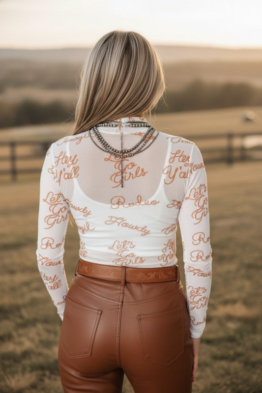 Western Mesh High Neck Long Sleeve Top