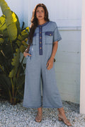 Half Placket Chest Pockets Wide Leg Jumpsuit