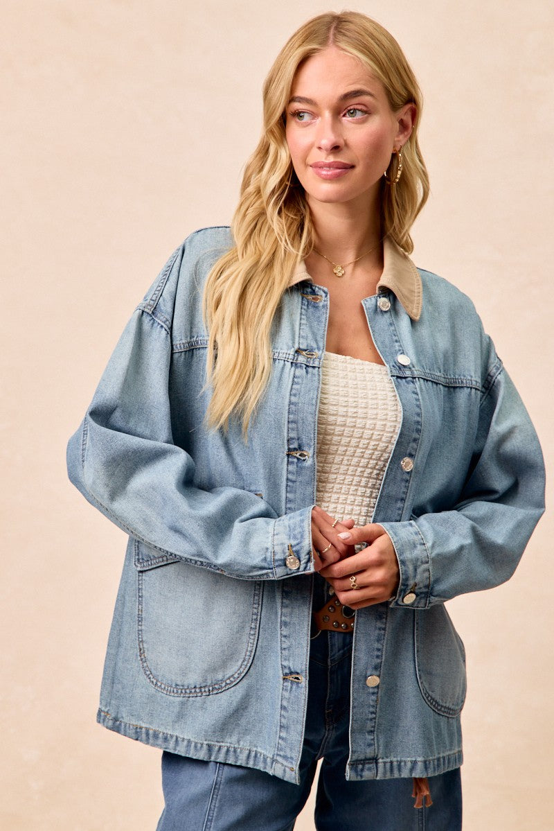 BiBi Washed Denim Contrast Collar Jacket