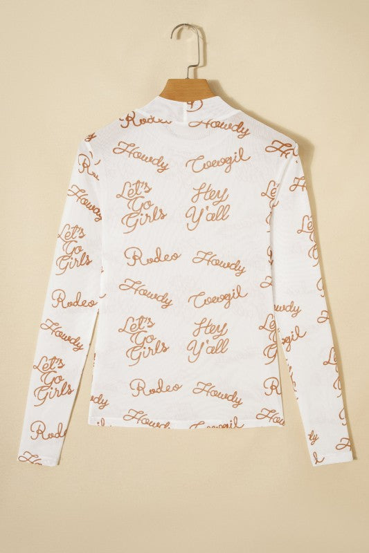 Western Mesh High Neck Long Sleeve Top