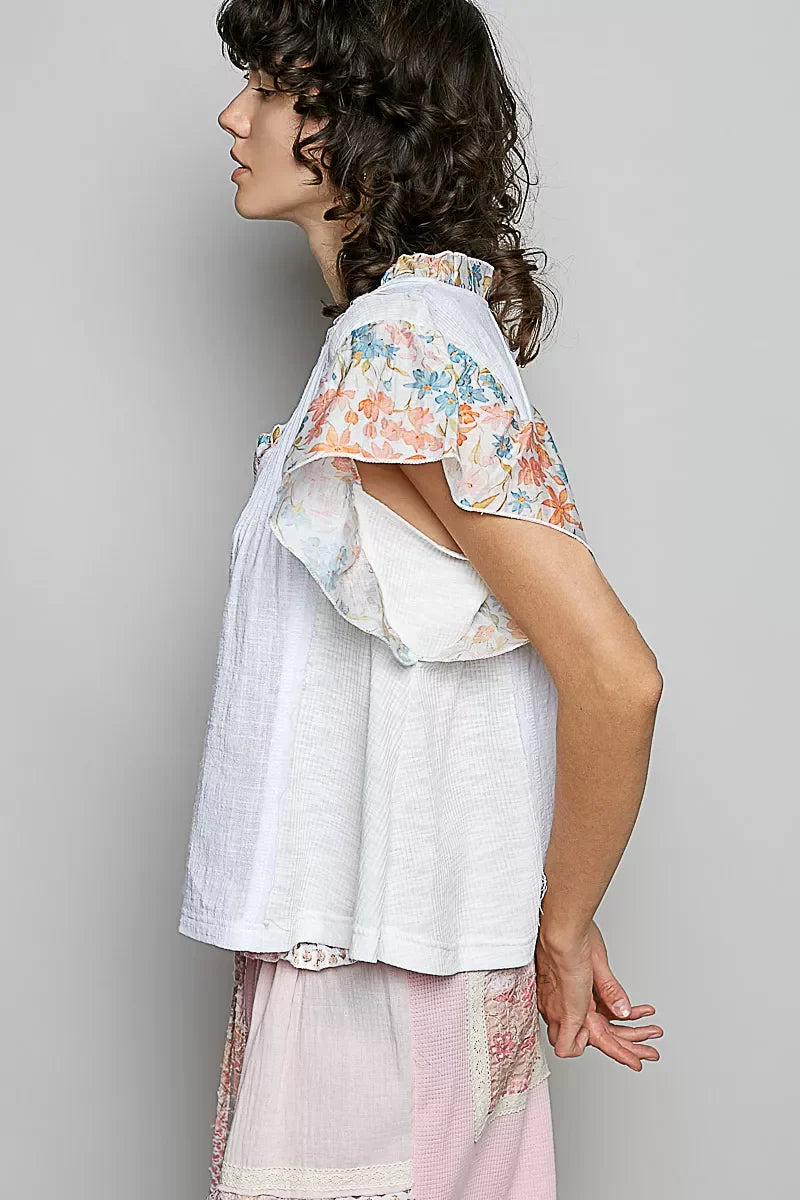 POL V-Neck Floral Ruffle Sleeve Blouse