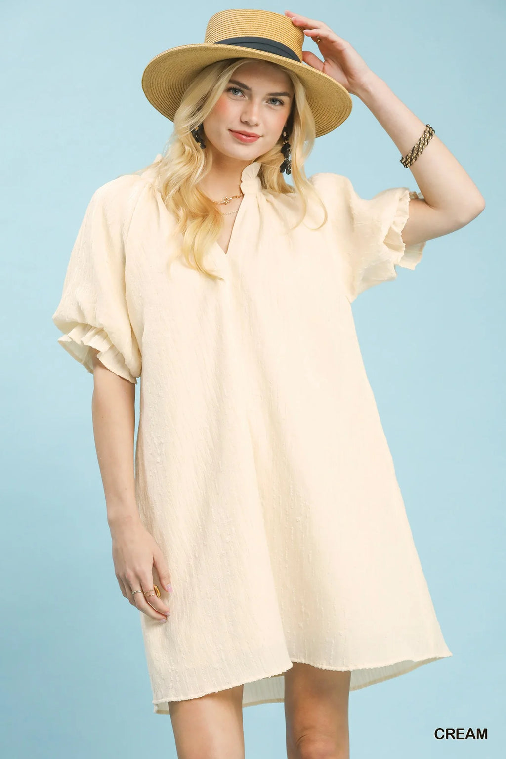 Umgee Linen Blend Ruffle Dress in Cream