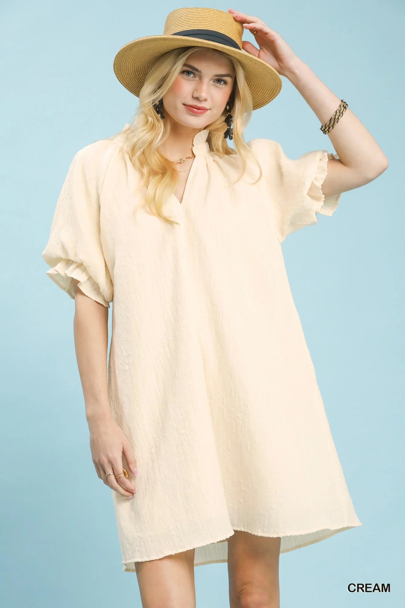 Umgee Linen Blend Ruffle Dress in Cream