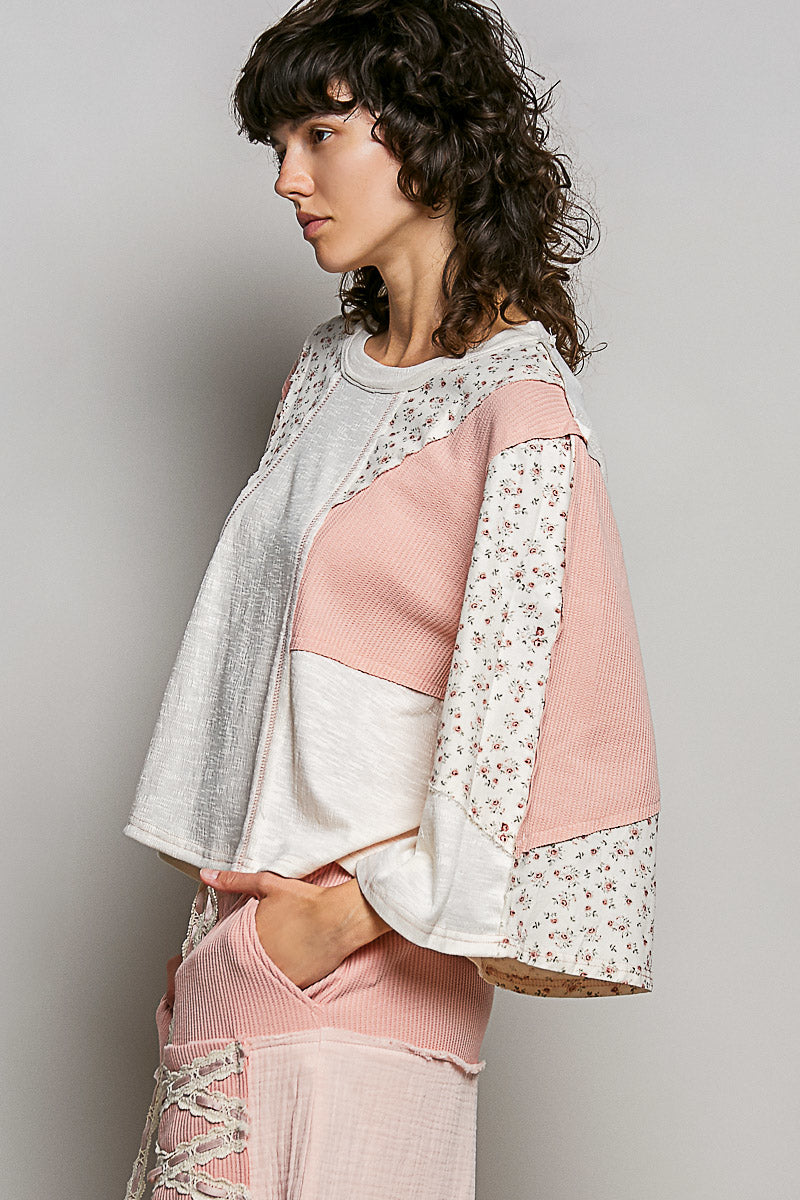 POL Exposed Seam Floral Patchwork Round Neck Textured Slub Knit Top in Natural