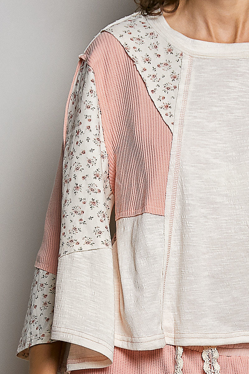 POL Exposed Seam Floral Patchwork Round Neck Textured Slub Knit Top in Natural