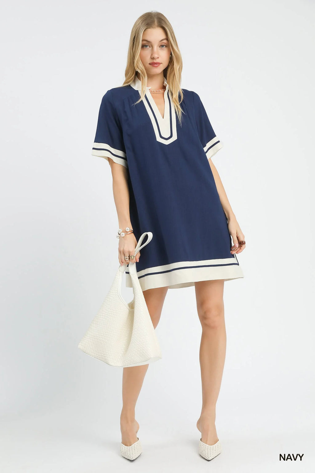 Umgee Linen Rayon Mini Dress in Navy