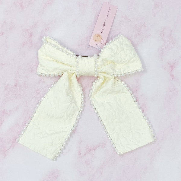 Palace Pearl Embellished Bow Barrette – Elegant Textured Hair Clip