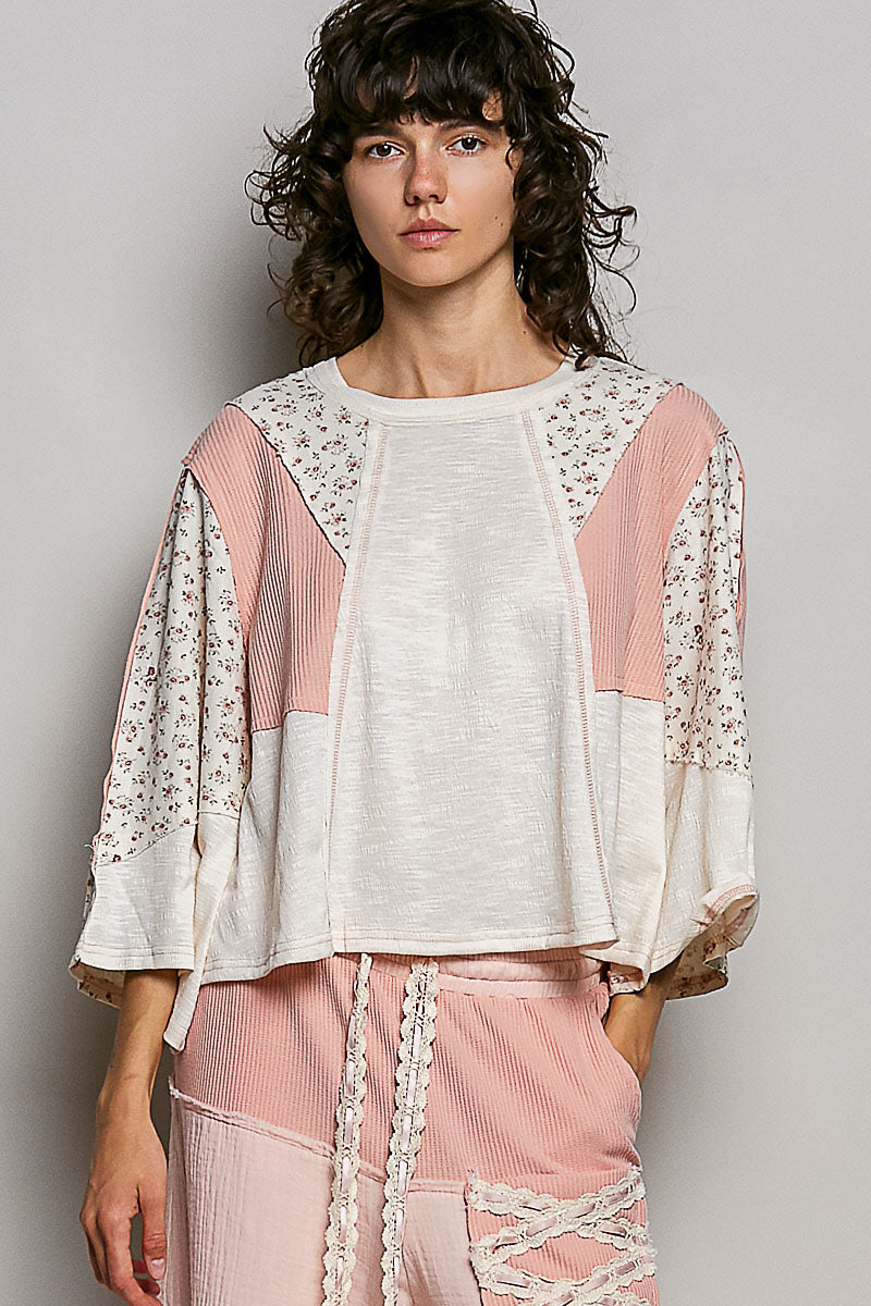 POL Exposed Seam Floral Patchwork Round Neck Textured Slub Knit Top in Natural