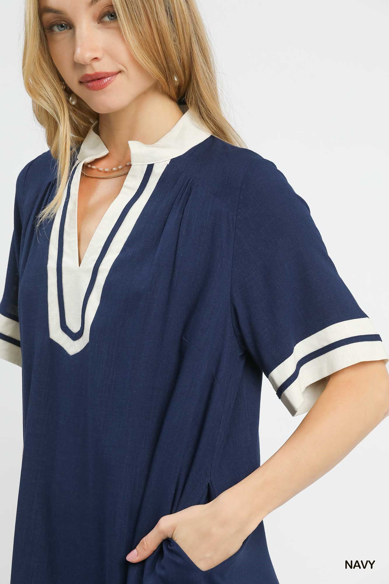 Umgee Linen Rayon Mini Dress in Navy