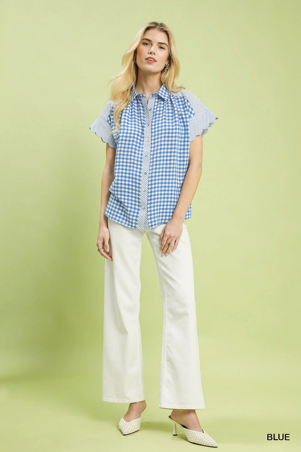 Umgee Mixed Gingham Short Sleeve Shirt in Blue