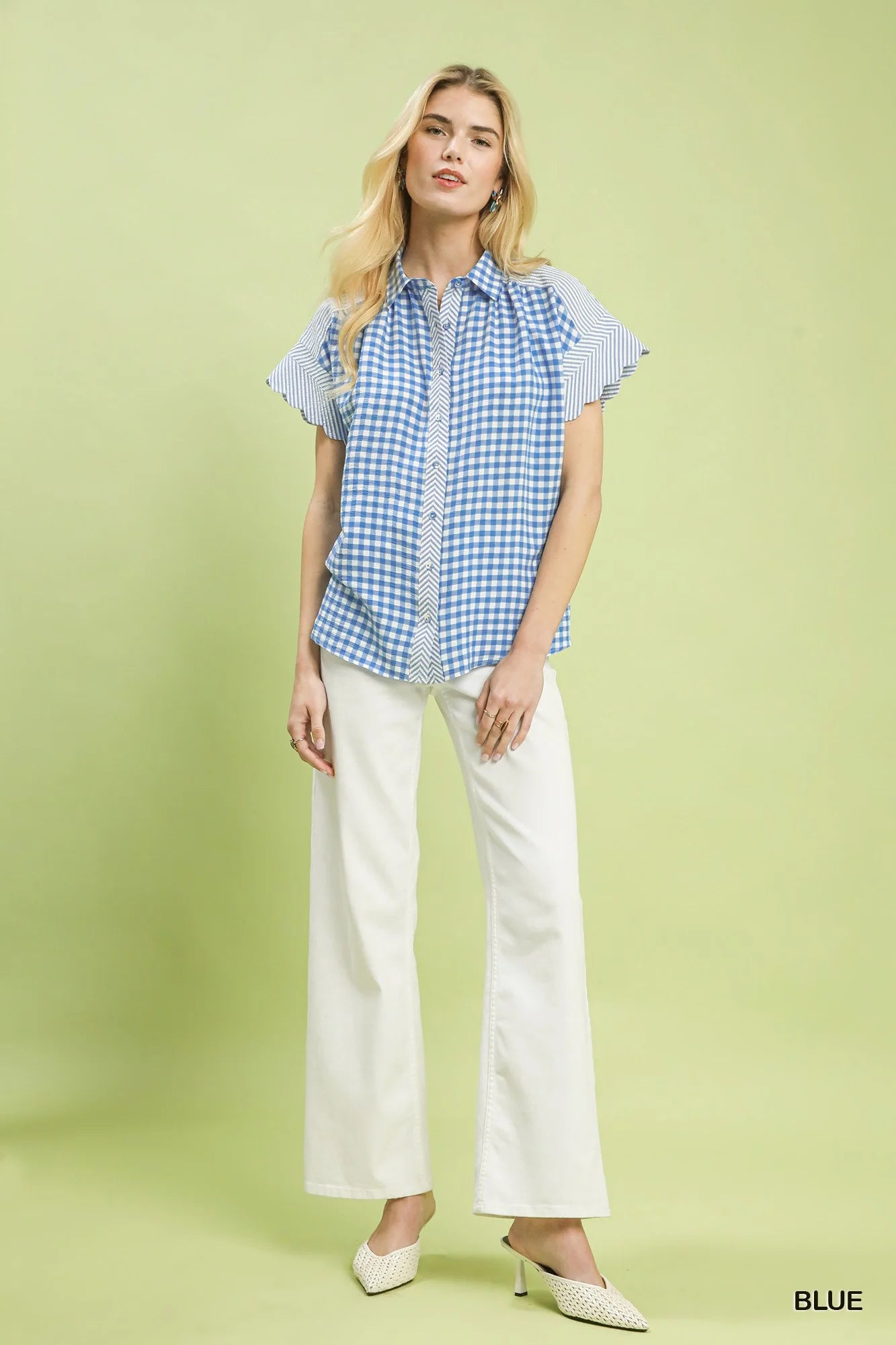 Umgee Mixed Gingham Short Sleeve Shirt in Blue