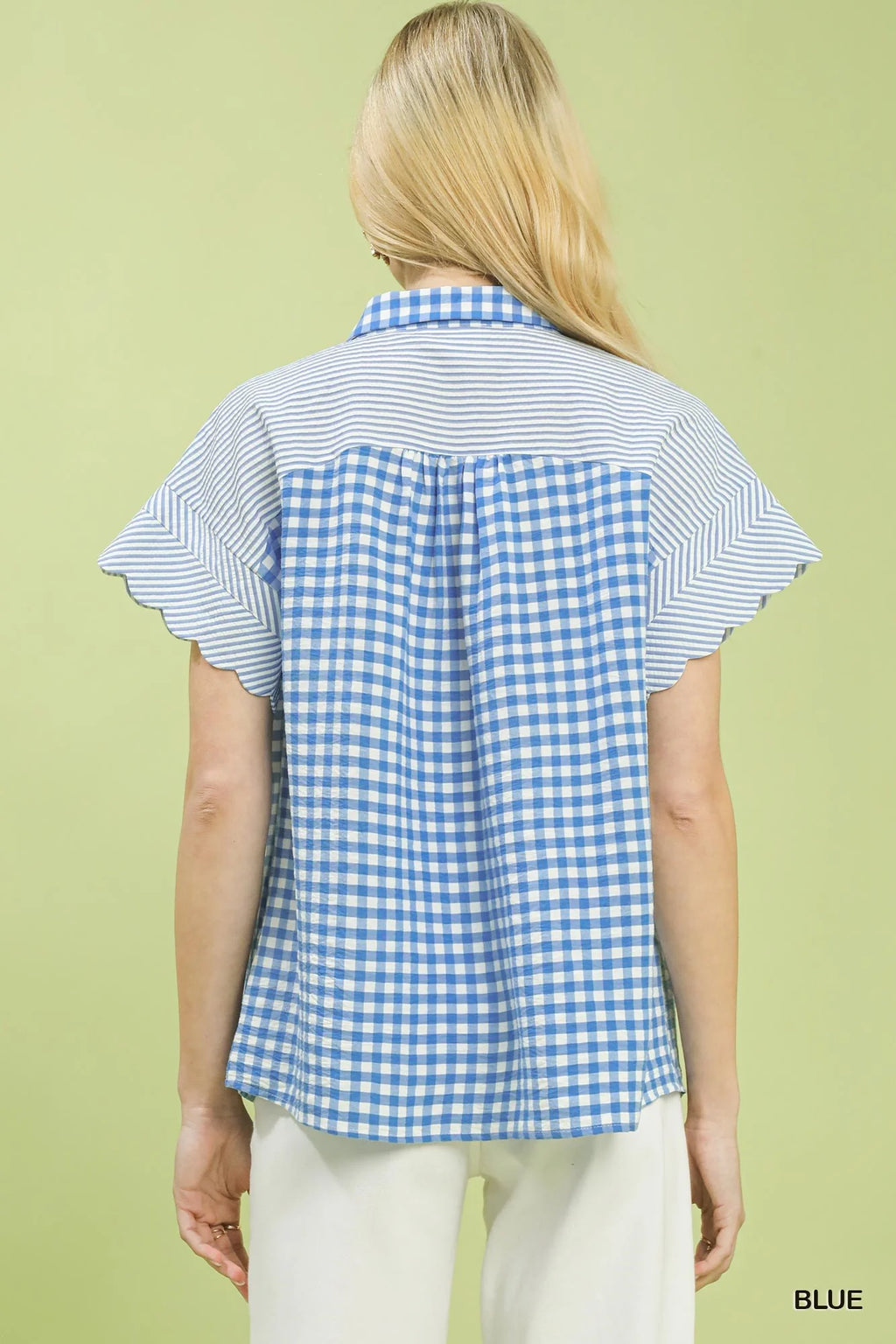 Umgee Mixed Gingham Short Sleeve Shirt in Blue