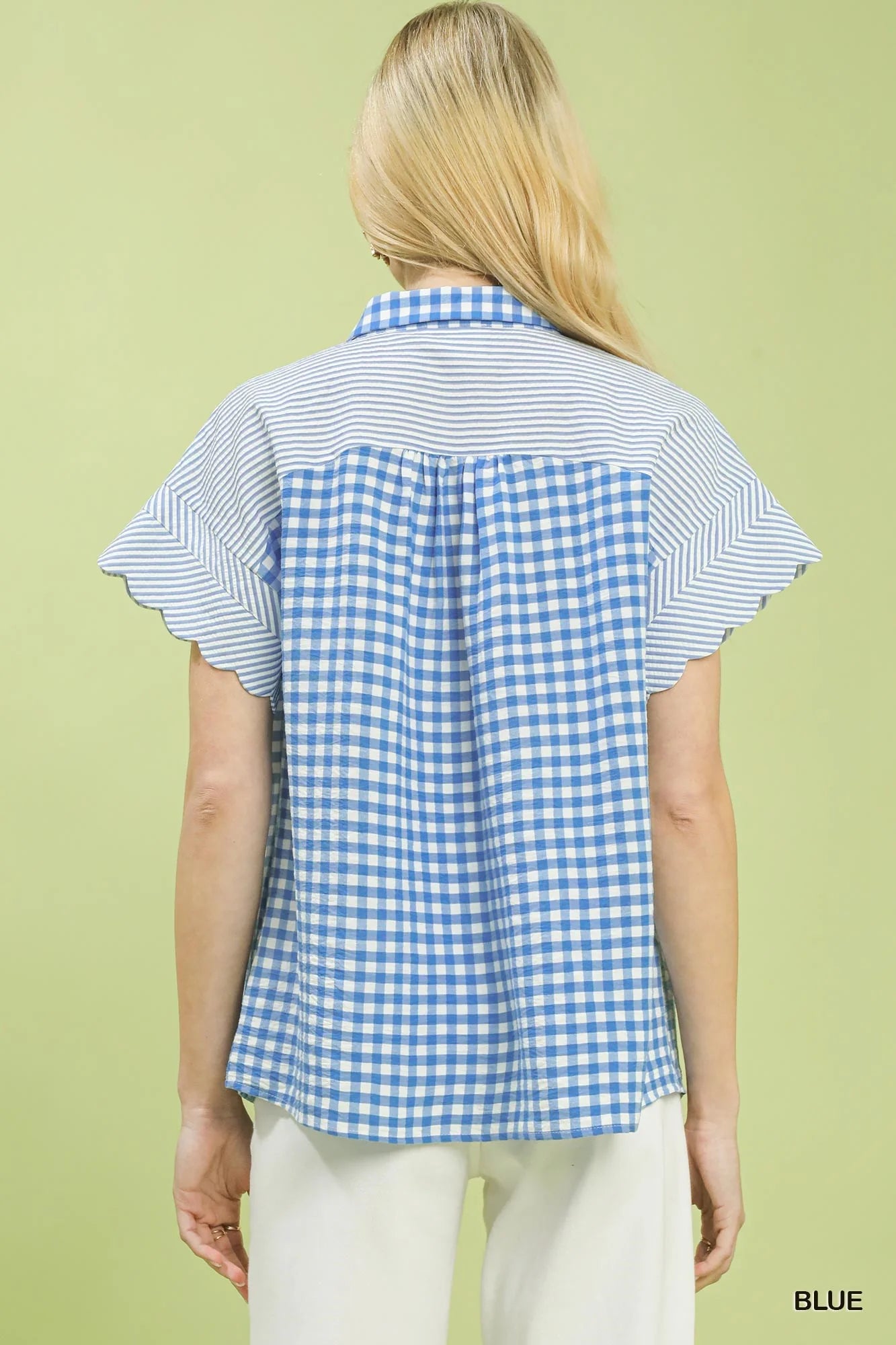 Umgee Mixed Gingham Short Sleeve Shirt in Blue