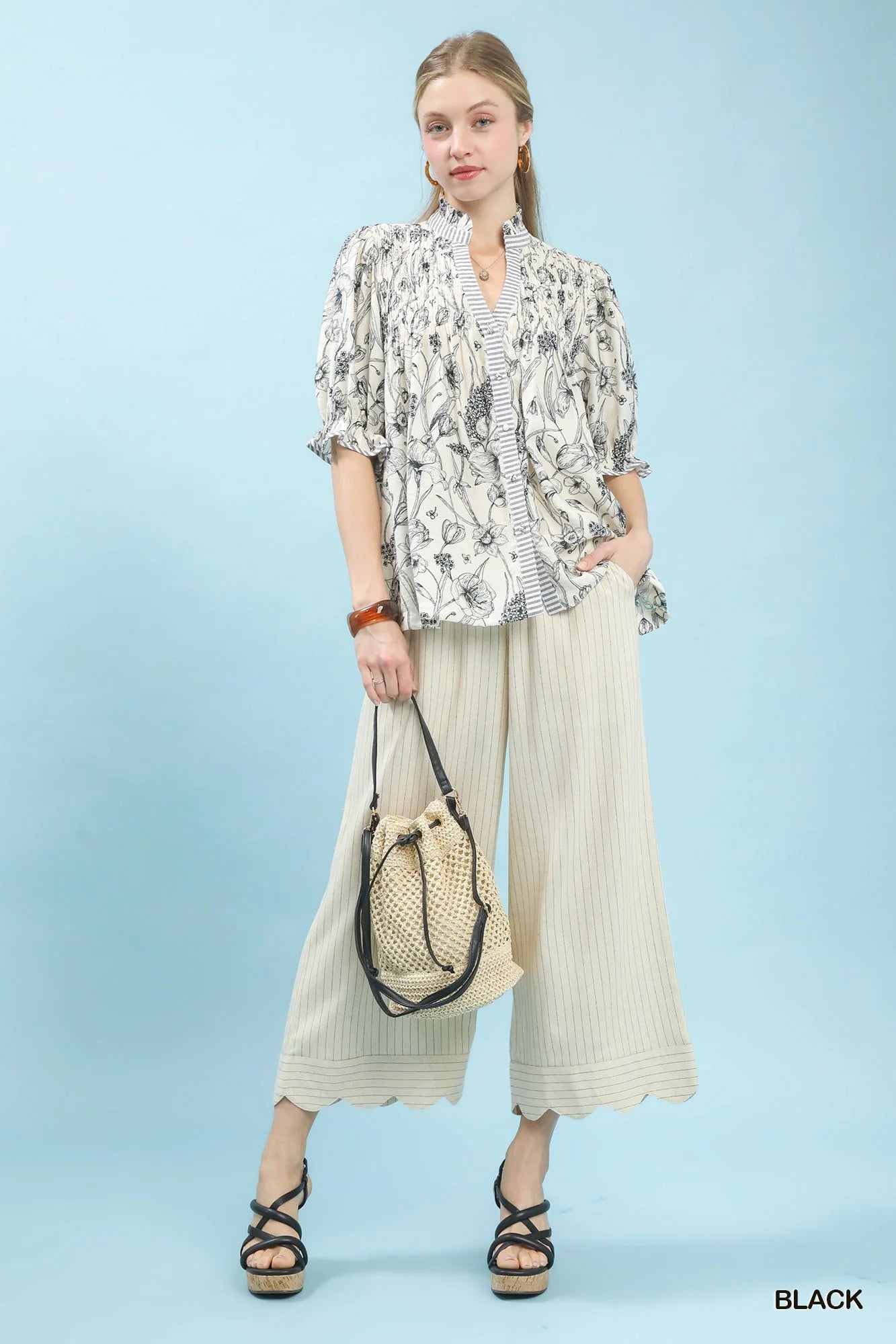 Umgee Mixed Print Button Front Top in Black