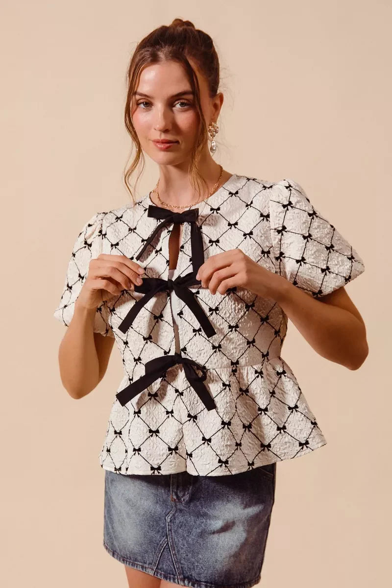 SO ME Bow Texture Woven Peplum Top With Contrast Tie